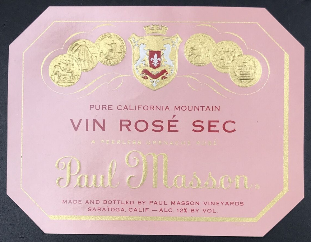 1940s Original Paul Masson California Mountain Vin Rose Sec Wine Label Embossed