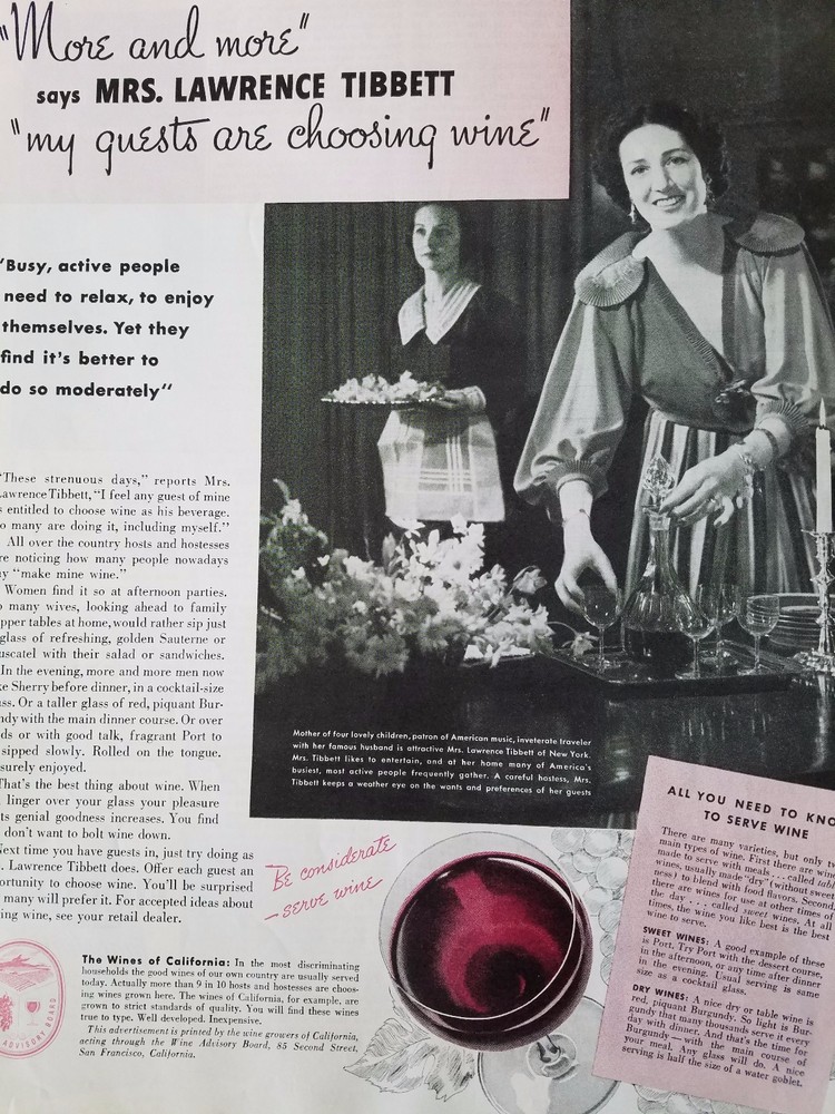 1939 Mrs Lawrence Tibbett Wines California My Guests Maid Vintage Original Ad