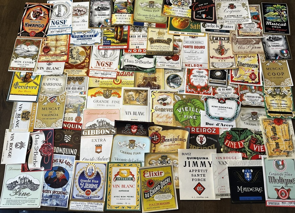Vintage 1940-1960 75 Piece Lot of European Wine / Liquor Paper Labels « NOS »