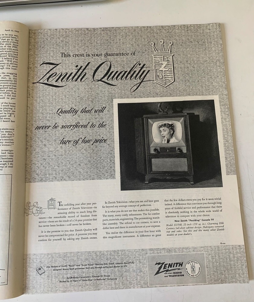 Zenith Magazine Ad Television Console TV Quality Guarantee 1952 Vintage Tech