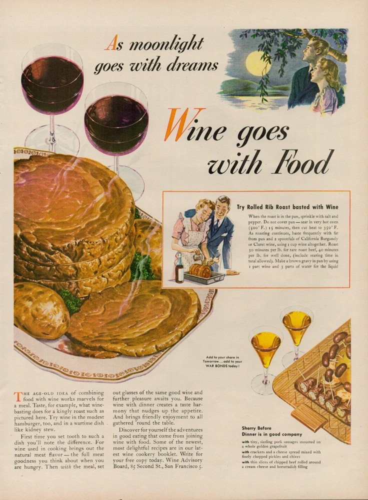 1944 Wine Advisory Board Vintage Print Ad Alcohol Sherry Dinner Food Recipes