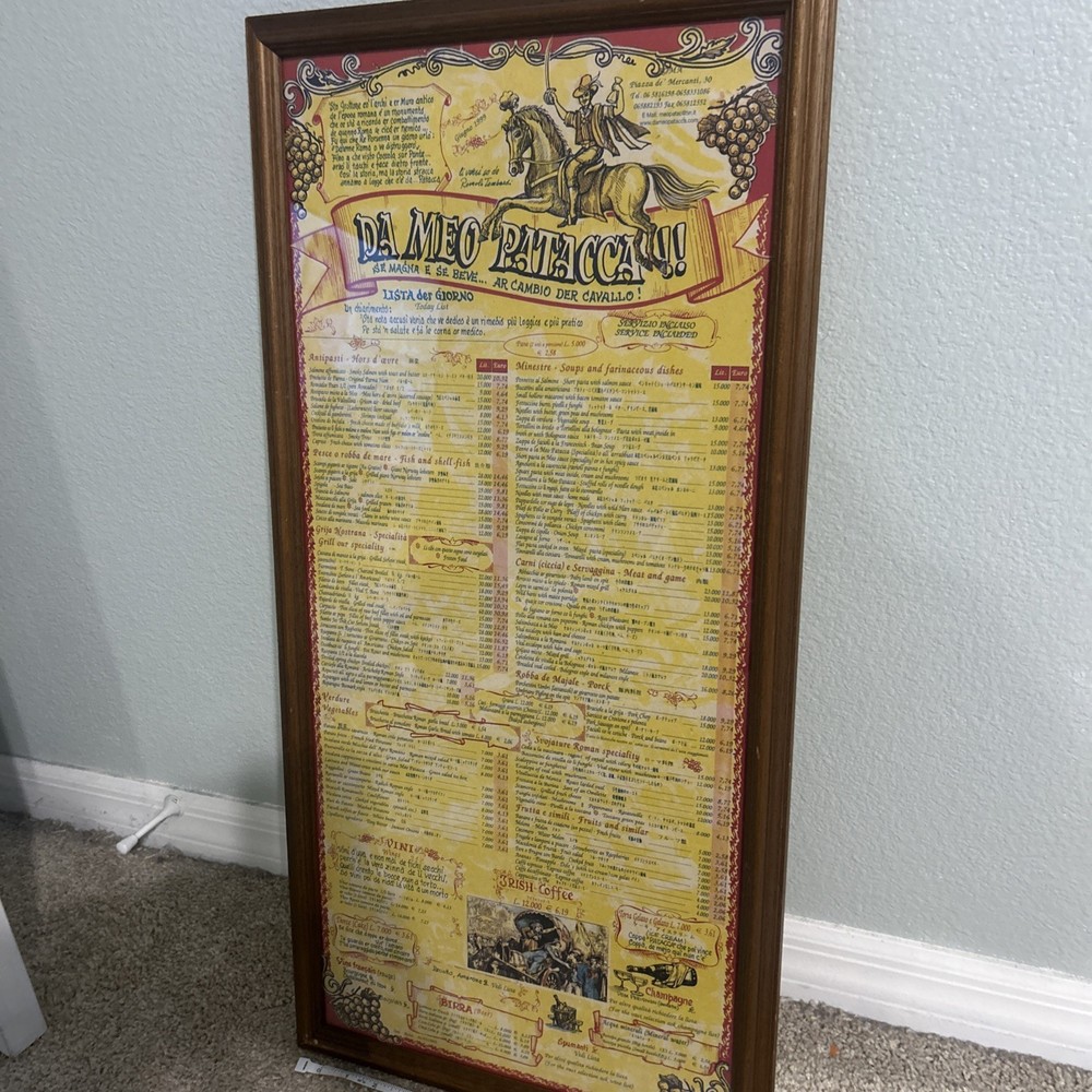 Large Vintage DA MEO PATACCA Rome Italy Restaurant Menu Poster Framed 1960&rsquo;s