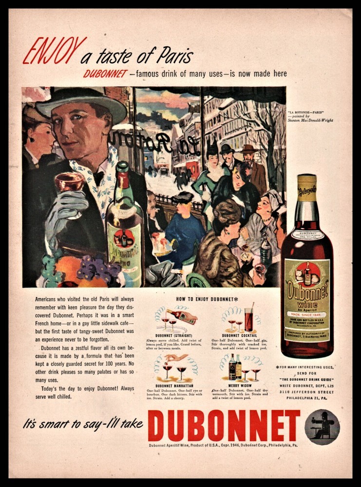 1946 WINE 2 AD LOT Dubonnet La Rotonde Paris and Garrett&rsquo;s Virginia Dare
