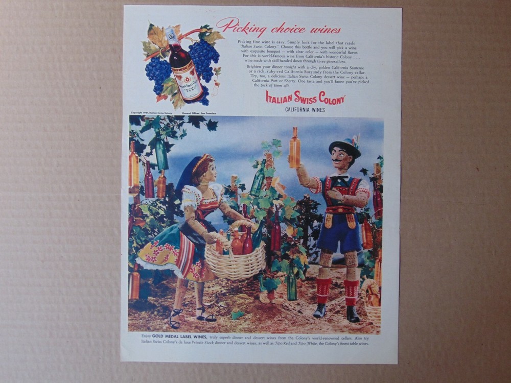 1947 Italian Swiss Colony Wine Cork Puppets vintage art print ad