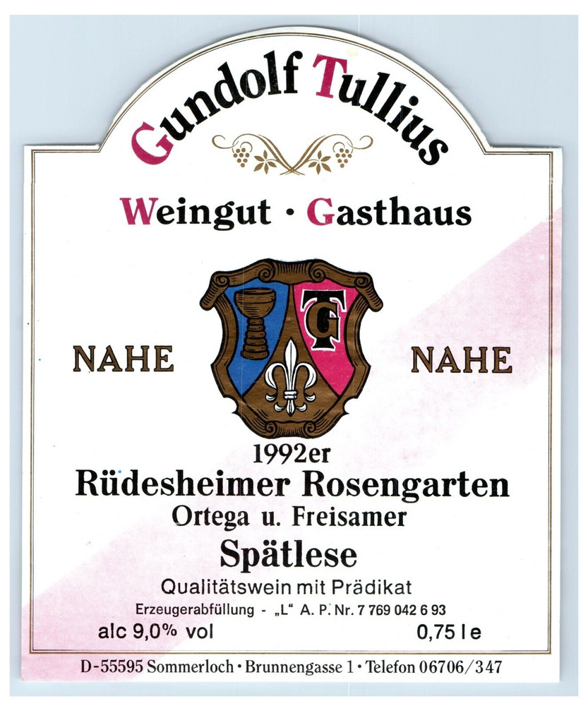 1970&rsquo;s-80&rsquo;s Gundolf Tullius Weingut Nahe German Wine Label Original S18E