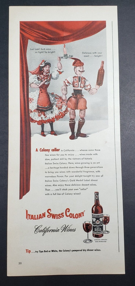 1946 Italian Swiss Colony California Burgundy Wine Vtg Print Ad – Marionettes