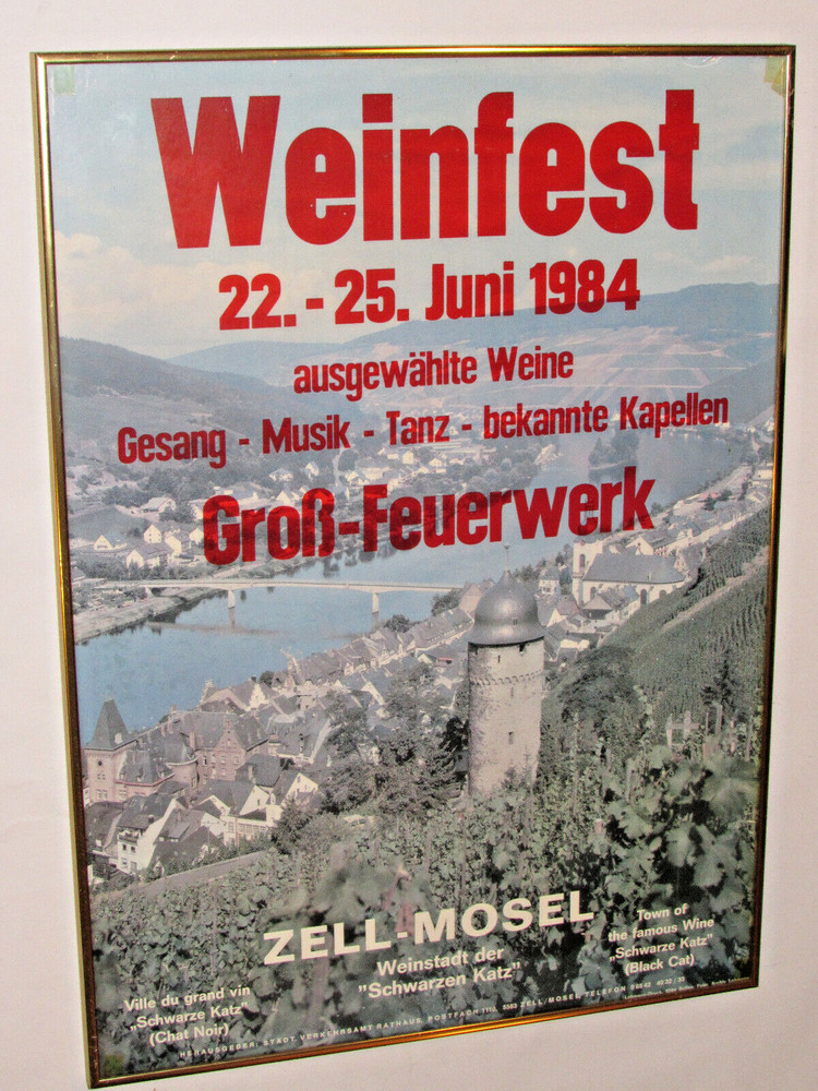 VINTAGE 1984 GERMAN WEINFEST/WINE FESTIVAL FRAMED POSTER~SCHWARZE KATZ/BLACK CAT