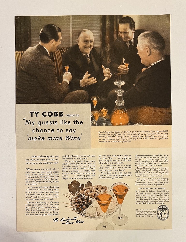 California Wines 1940 Life Print Ad 10.5×13.5 Ty Cobb Baseball