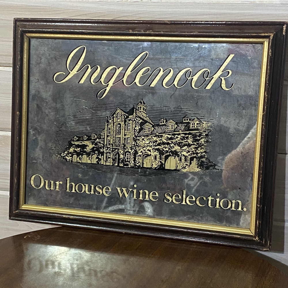 Vintage 1986 Inglenook Winery Wooden Framed Smoked Mirror Bar Sign 19”X15”