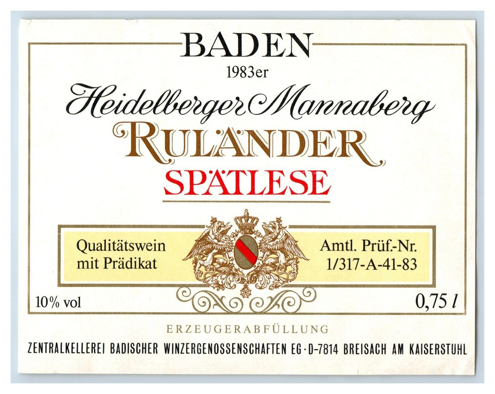 1983 Heidelberger Mannaberg Baden Rulander German Wine Label Original S10