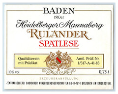1983 Heidelberger Mannaberg Baden Rulander German Wine Label Original S10