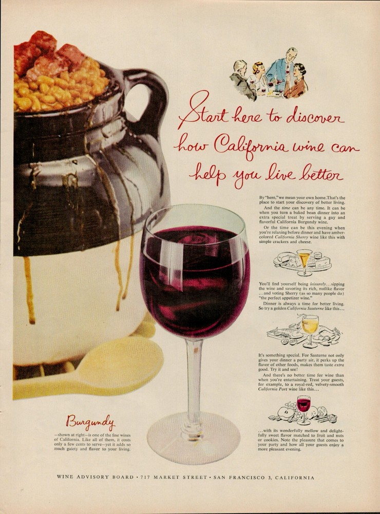 1955 Wine Advisory Board Burgundy Glass Vintage Print Ad California Grapes USA