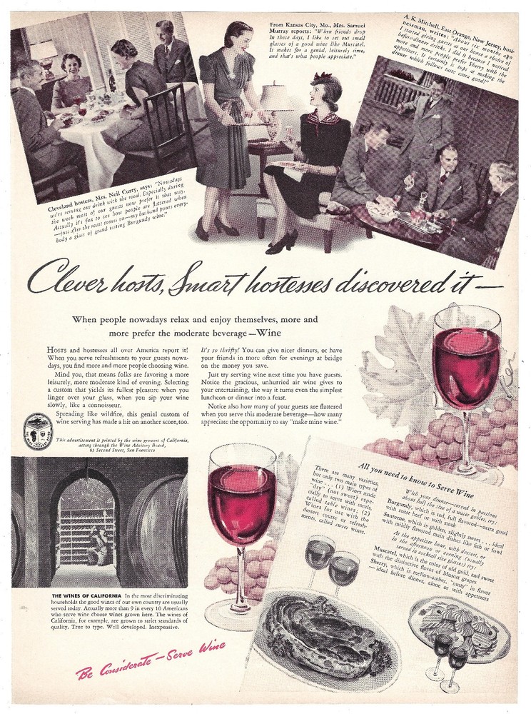 California Wine Advisory Board Ad Vintage 1940s Mid Century Bar Wall Art 1940