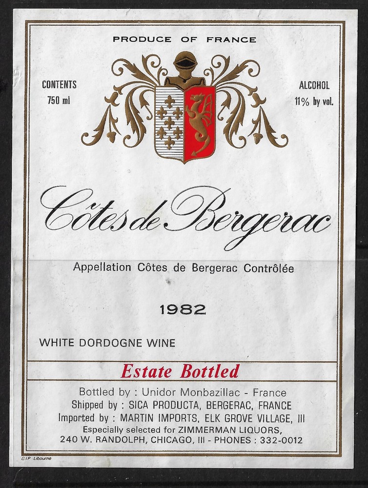Wine Label, vintage, French, “Côtes de Bergerac” , Dordogne, 1982. Chicago(a3817