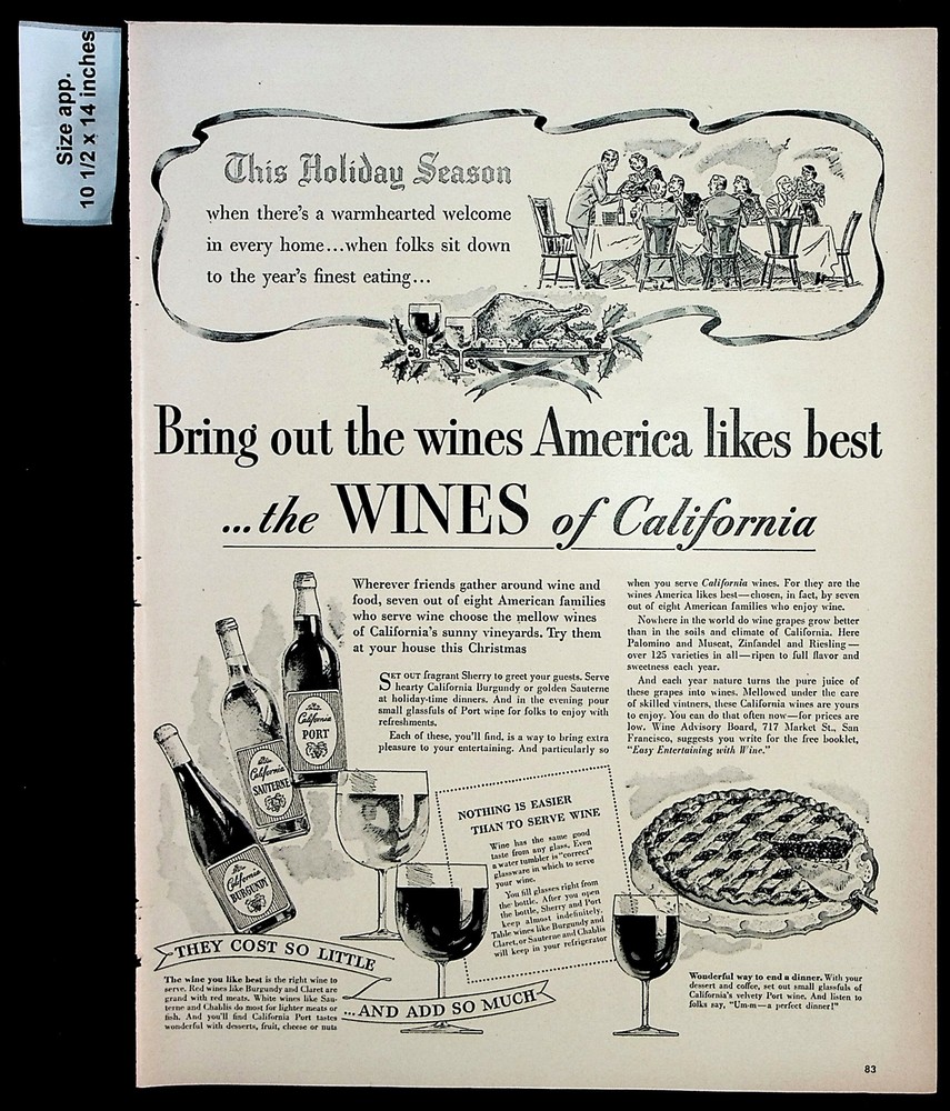 1948 Wine Advisory Board Wines California Holiday Season Vintage Print Ad 29602