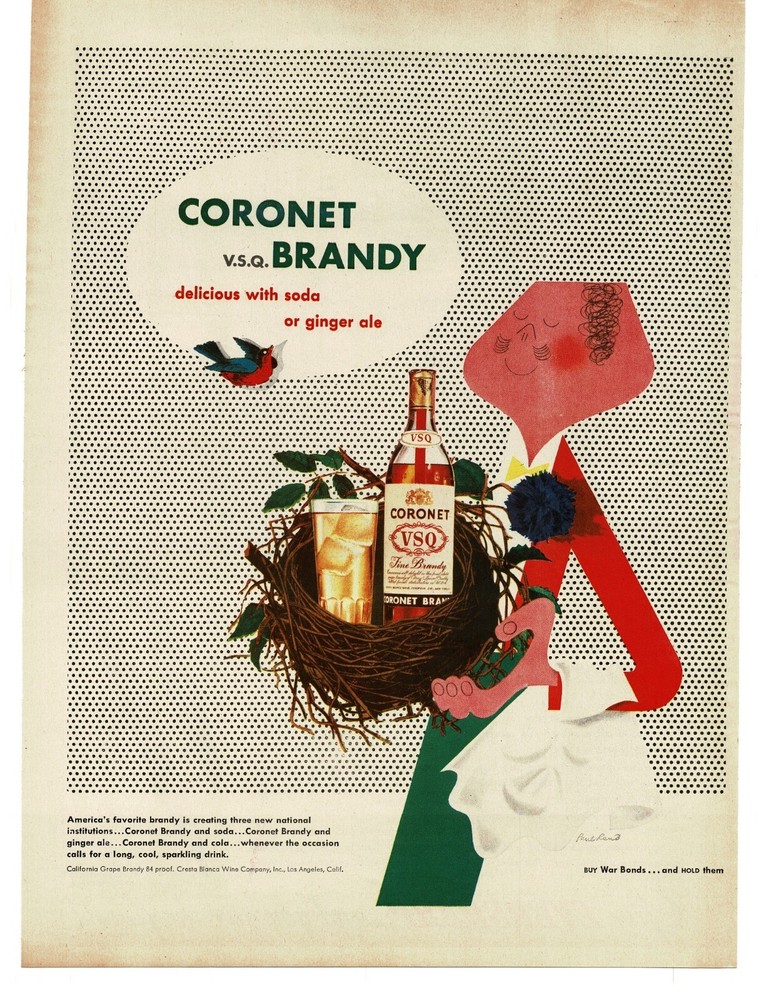 1945 Coronet VSQ Brandy in bird&rsquo;s nest WWII Buy War Bonds Vintage Print Ad