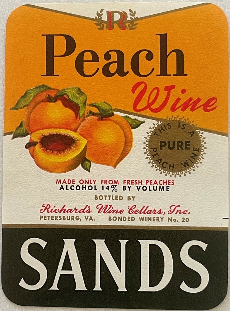 Rare Antique Vintage 1940s Sands Peach Wine Label, Petersburg, VA 🍑