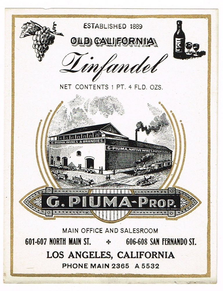 C1900 RARE PRE PROHIBITION ALCOHOL BOTTLE LABEL LOS ANGELES PIUMA WINE ZINFANDEL