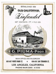 C1900 RARE PRE PROHIBITION ALCOHOL BOTTLE LABEL LOS ANGELES PIUMA WINE ZINFANDEL