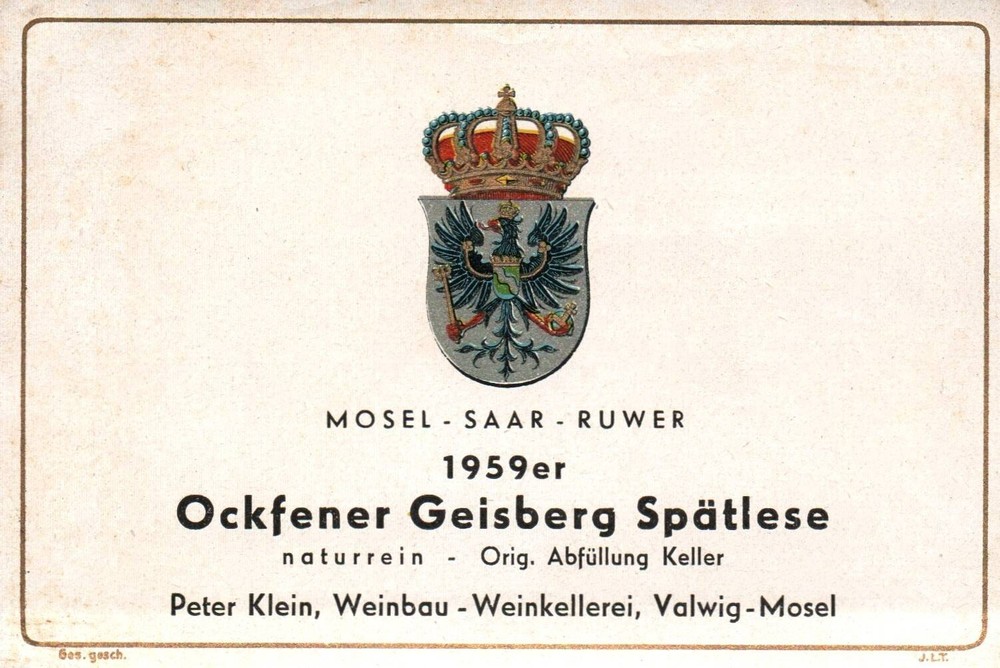 Vintage German Wine Label 1950s Ockfener Geisberg Spatlese 1959er Mosel