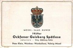 Vintage German Wine Label 1950s Ockfener Geisberg Spatlese 1959er Mosel