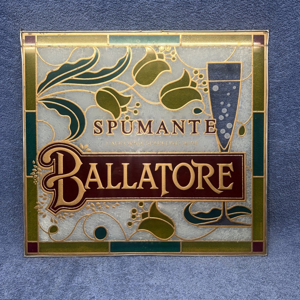 VINTAGE 1980’S SPUMANTE BALLATORE WINE STAINED GLASS SIGN 18.5” X 17”
