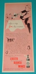 1944 PRINT AD~CRESTA BLANCA CALIFORNIA WINES Livermore,California Waiter Pouring