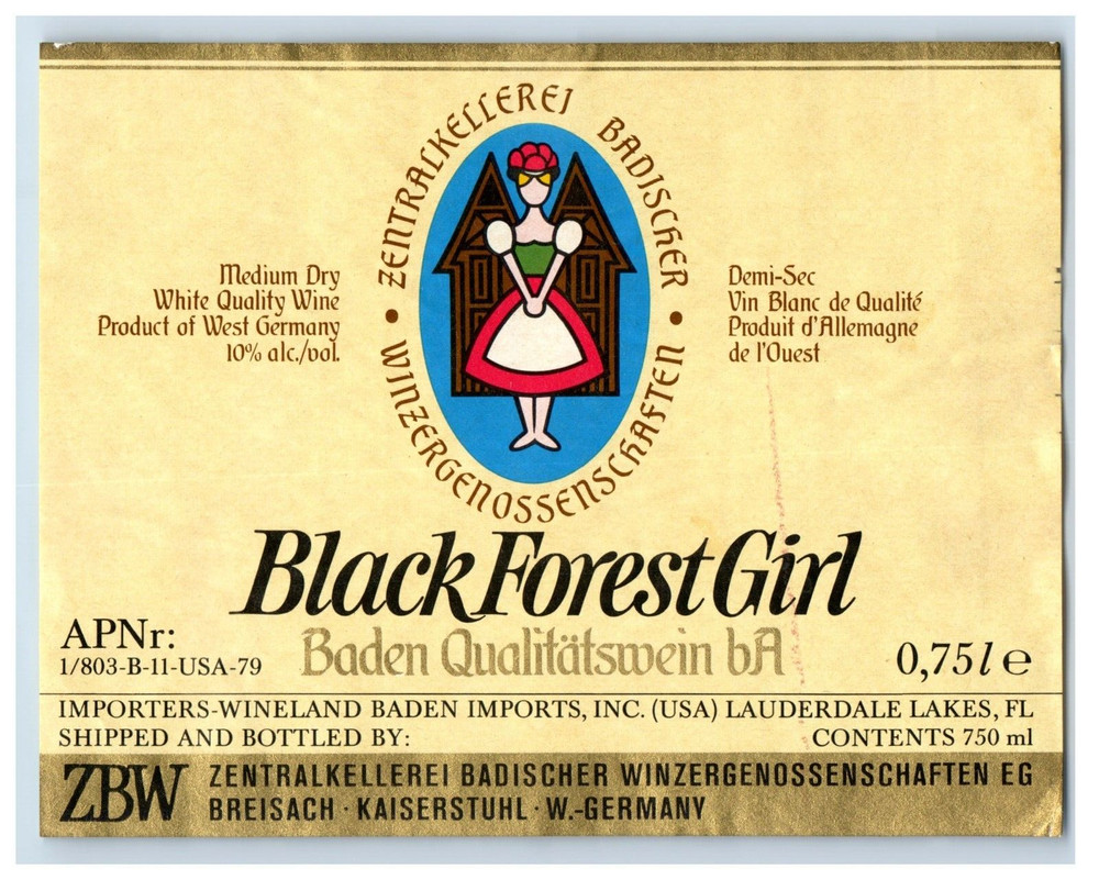 1970&rsquo;s-80&rsquo;s Black Forrest Girl Baden German Wine Label Original S46E