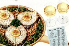 1945 Wine Advisory Board Print Ad Food Advertising Fish Steak White Wine Vintage