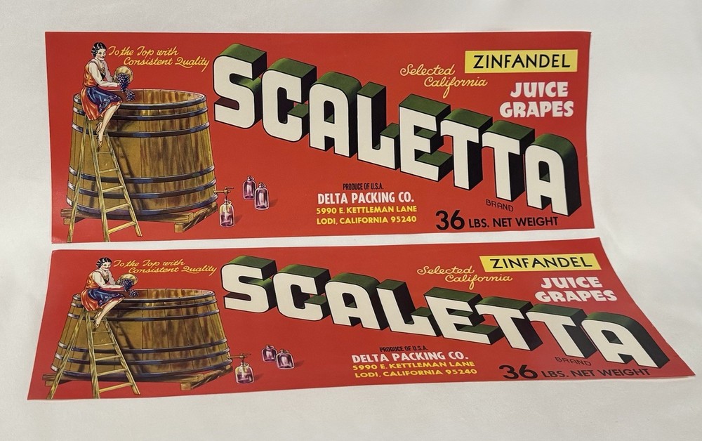 NOS Vintage Scaletta Grape Crate Labels Zinfandel Lodi CA Woman Barrel