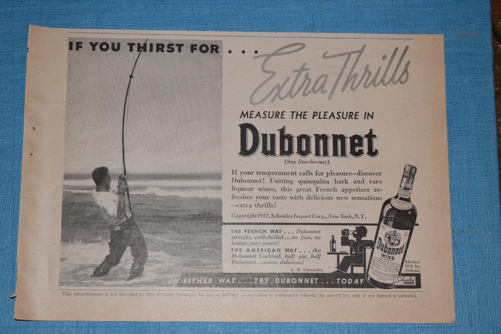 Vintage 1937 Dubonnet Wine Thirst for Extra Thrills Print Ad.