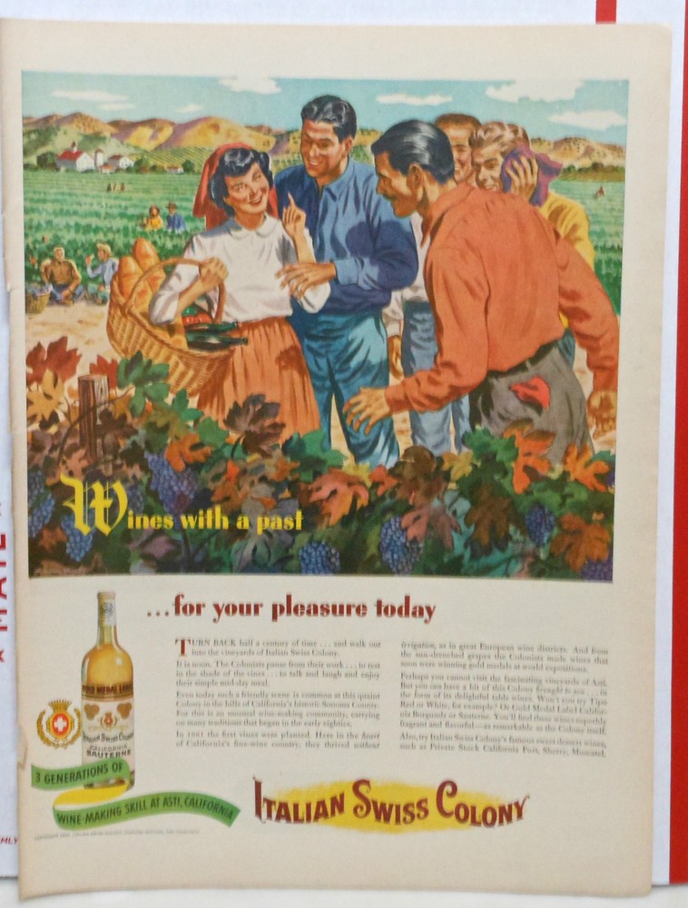 1944 magazine ad for Italian Swiss Colony Wine – happy workers in vineyard
