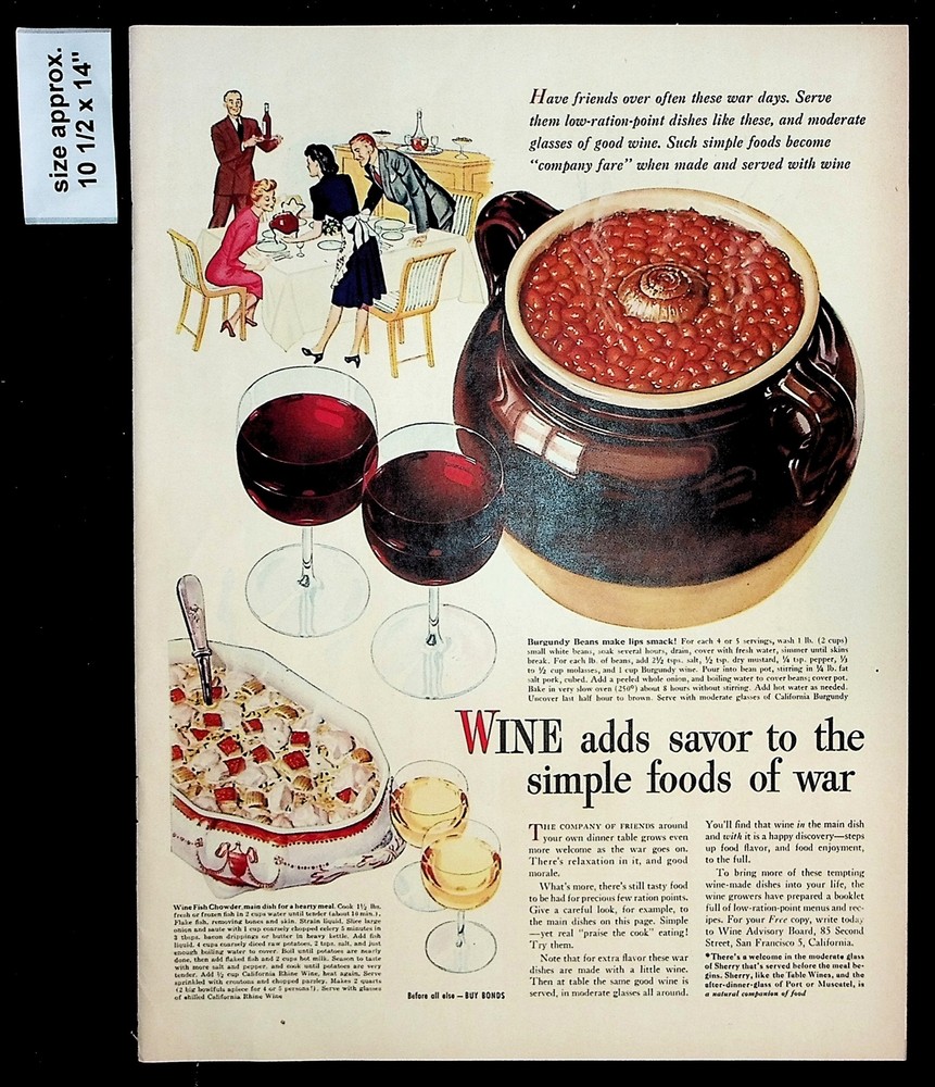 1944 Wine Advisory Board Beans Pot Meal Fish Chowder Vintage Print Ad 38796
