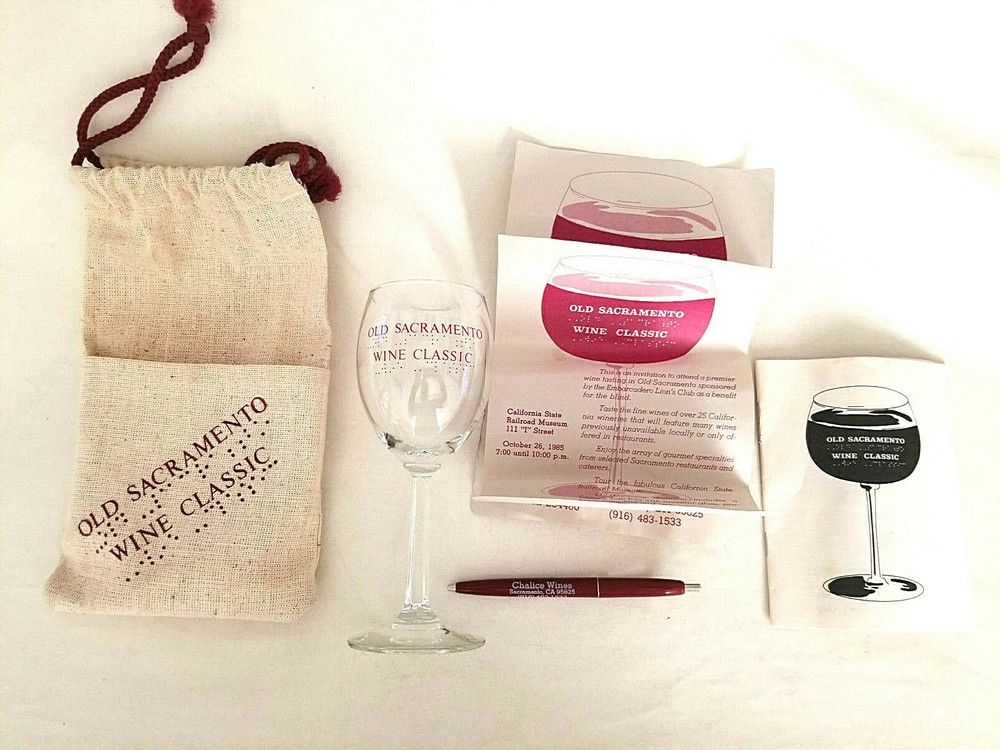 1985 Old Sacramento Wine Classic Set: Wine Glass, Tote, Program Pamphlets & Pen