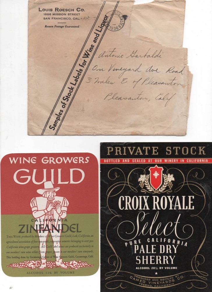 Lot of Ten Different 1930s California Wine Labels Louis Roesch Printer SF CA