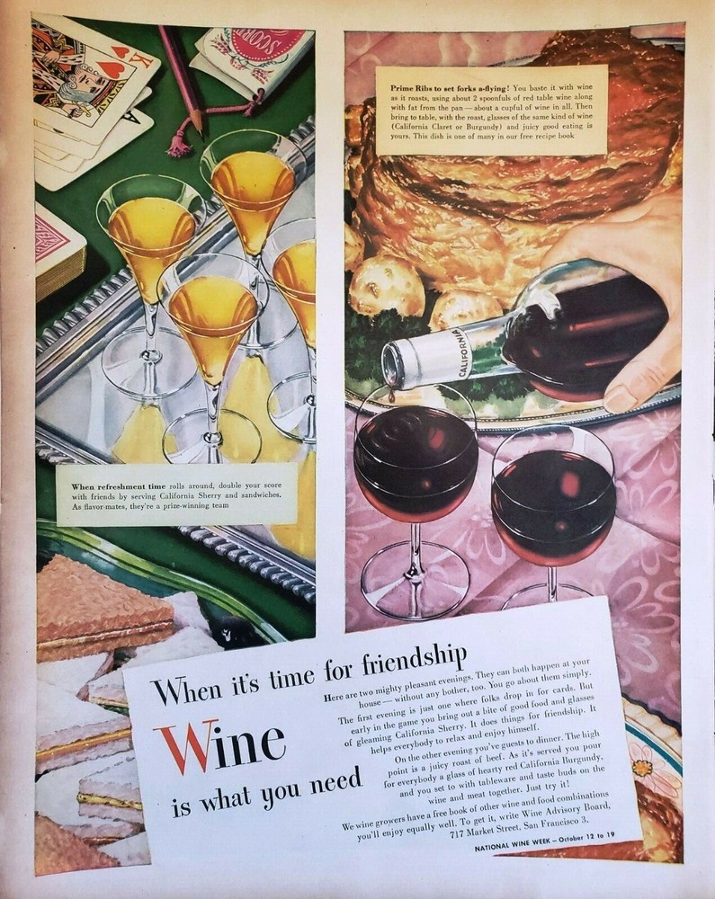 Lot of 3 Vintage 1946 Cali Wine Advisory Board Print Ad Ephemera Wall Art Decor