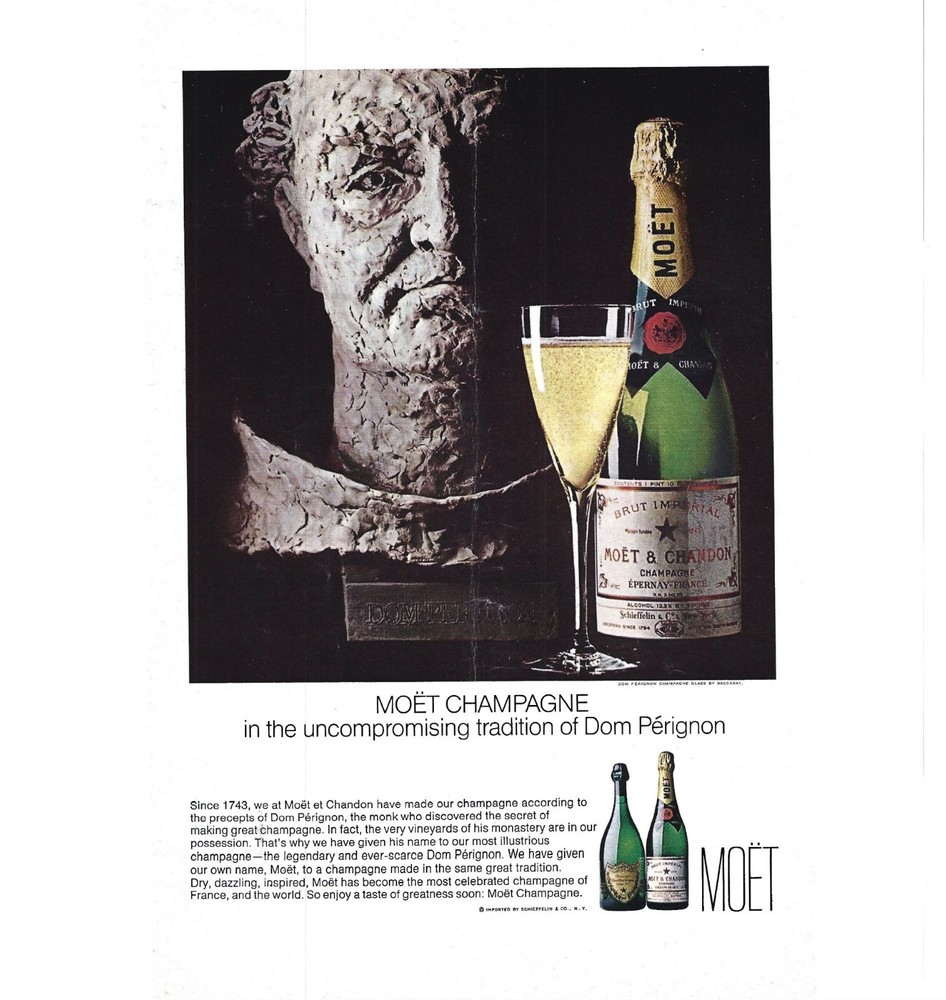 Moet Champagne Don Perignon France Advertisement 1960s Vintage Print Ad 9 inch