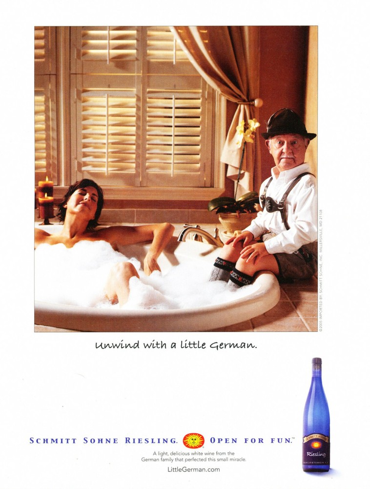 SCHMITT SOHNE WINE AD #10 RARE 2005 OOP « UNWIND WITH A LITTLE GERMAN »