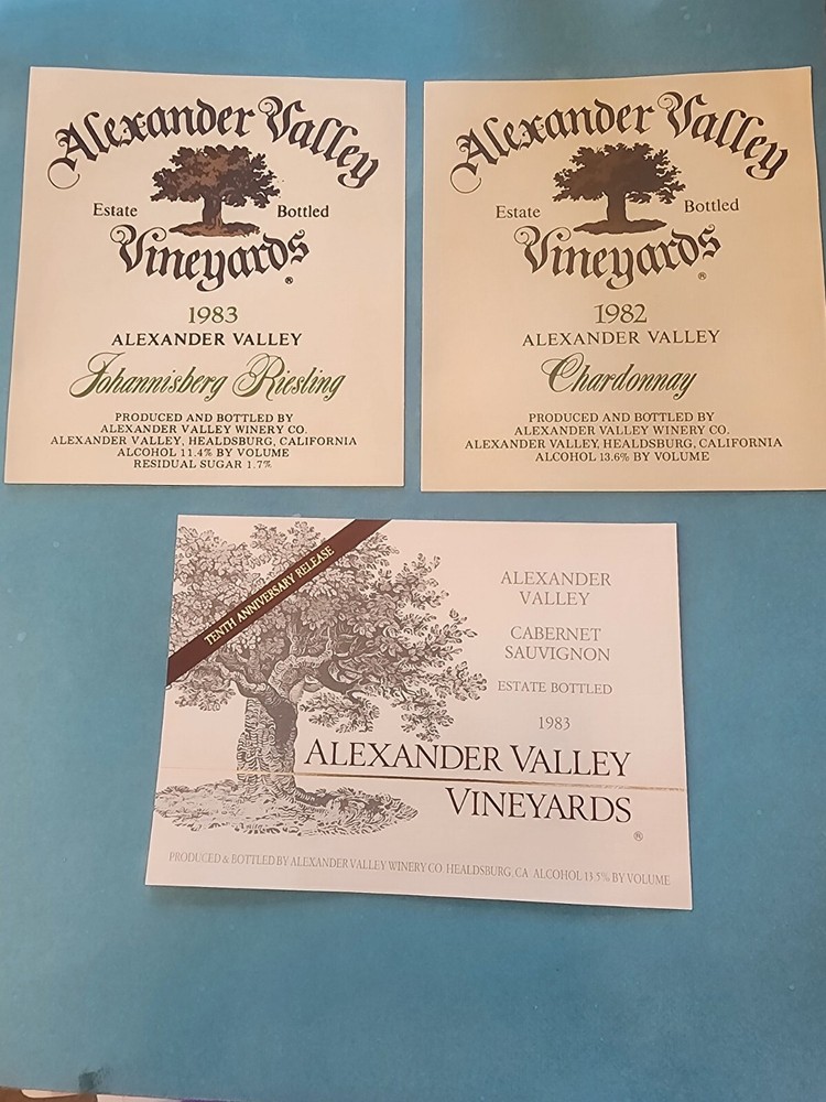 Lot of 3 Alexander Valley Vineyards Bottle Labels (1982 & 1983) California WINE
