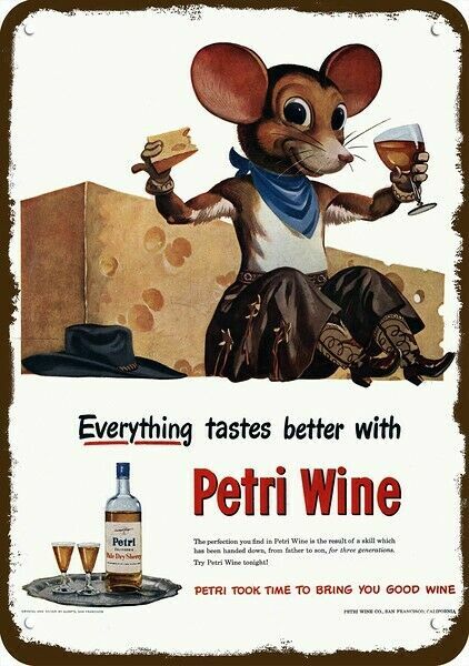 1949 COWBOY MOUSE DRINKS PETRI WINE Vintage Look *DECORATIVE REPLICA METAL SIGN*