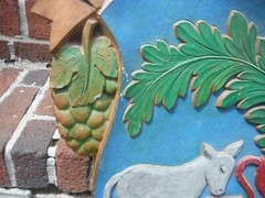 VINTAGE BODENHEIM A/RHEIN GERMANY, LARGE HEAVILY CARVED WOOD CITY SEAL SIGN.