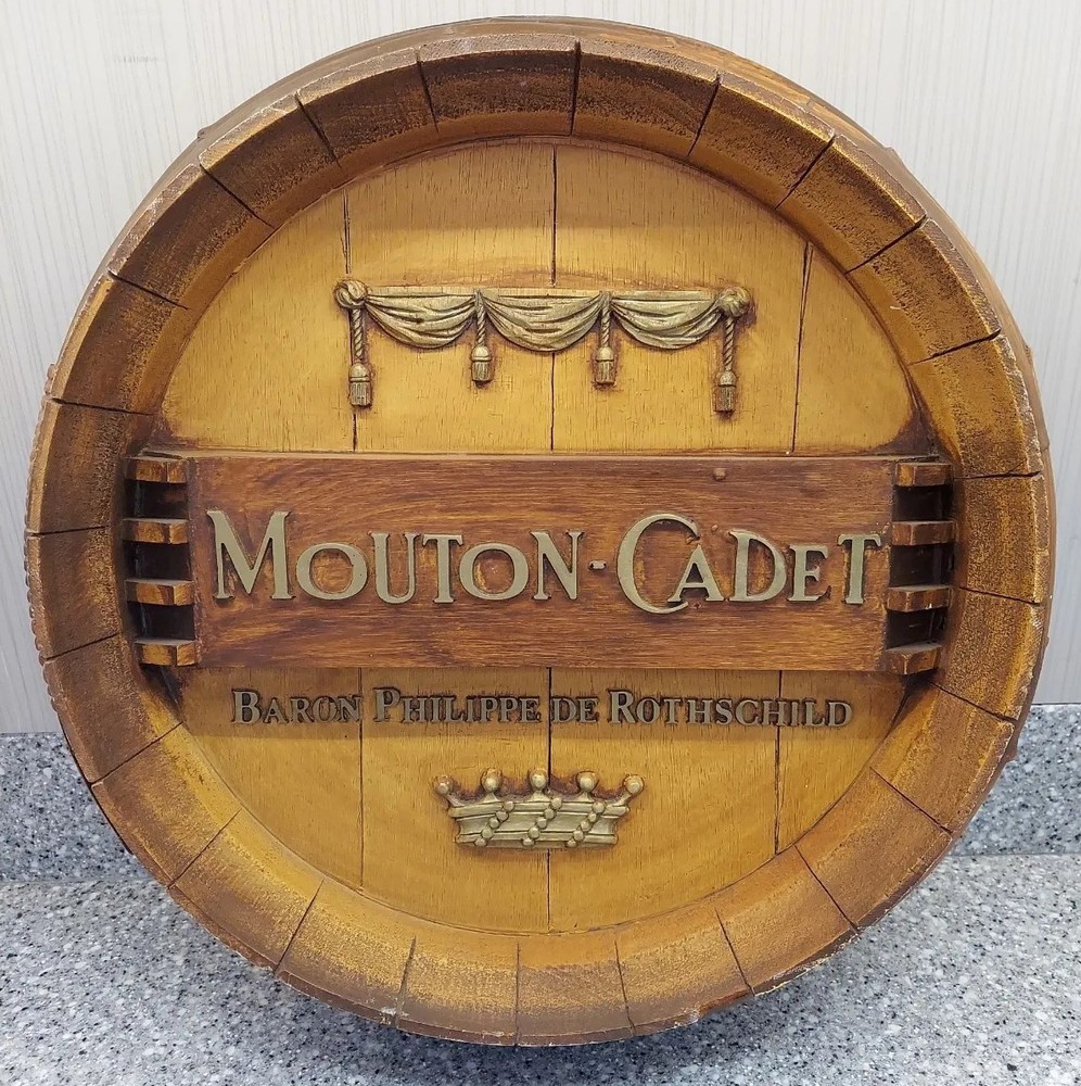Vintage Liquor Store Barrel Top Bar Sign Deco Mouton-Cadet Baron Philippe 15&Prime;