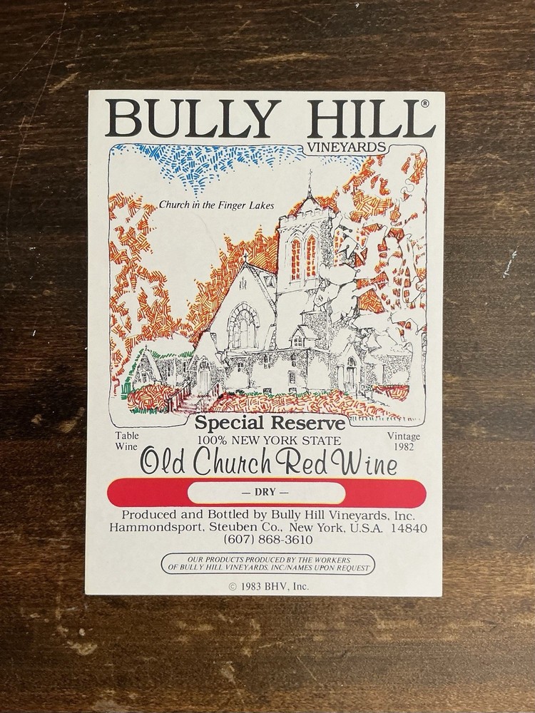 Vintage 1982 Bully Hill Old Church Red Wine Label Finger Lakes Church Art NY