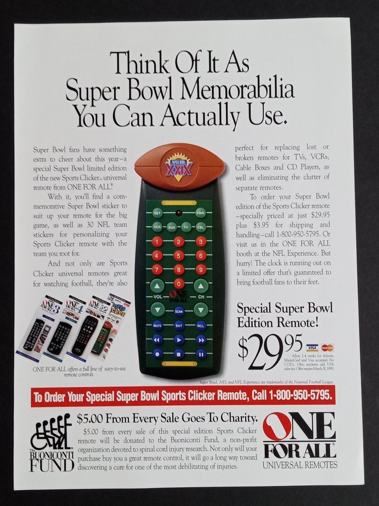 One For All Magazine Ad Super Bowl XXIX Sports Clicker Remote 1995 NFL Football