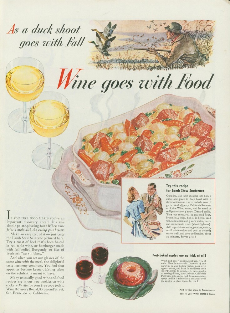 1944 California Wine Duck Shoot Recipe Lamb Stew Sauterne Apple Vtg Print Ad L23