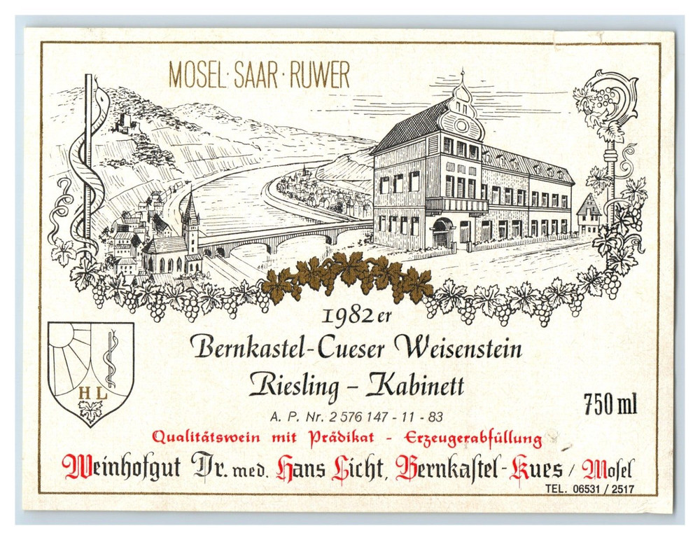 1970&rsquo;s-80&rsquo;s Mosel Saar Ruwer Bernkastel Cueser German Wine Label Original S24E