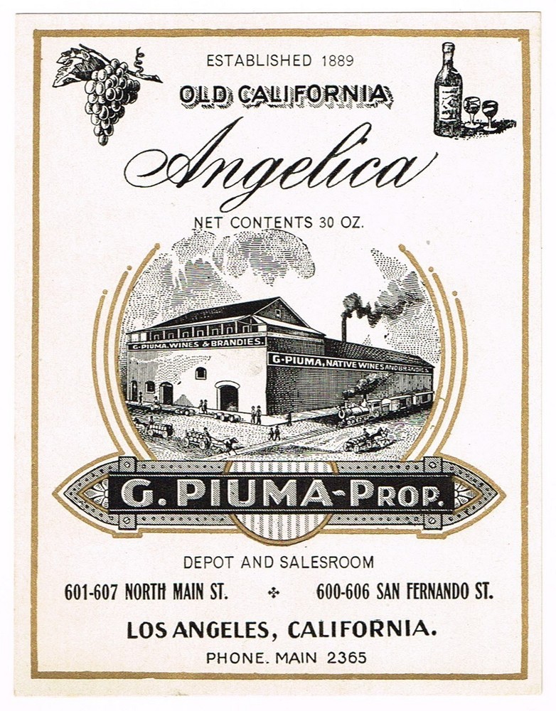C1900 RARE PRE PROHIBITION ALCOHOL BOTTLE LABEL LOS ANGELES PIUMA WINE ANGELICA