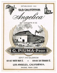 C1900 RARE PRE PROHIBITION ALCOHOL BOTTLE LABEL LOS ANGELES PIUMA WINE ANGELICA