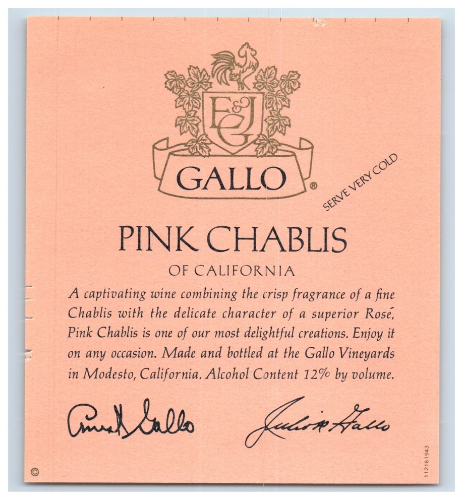 1950&rsquo;s-70&rsquo;s Gallo Pink Chablis California Wine Label Original S58E