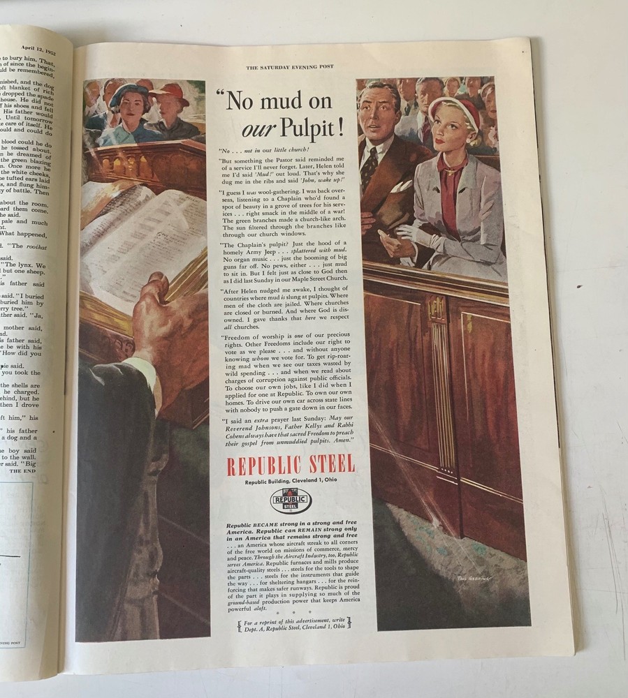 Republic Steel Magazine Ad &lsquo;No Mud on our Pulpit!&rsquo; 1952 America Steel